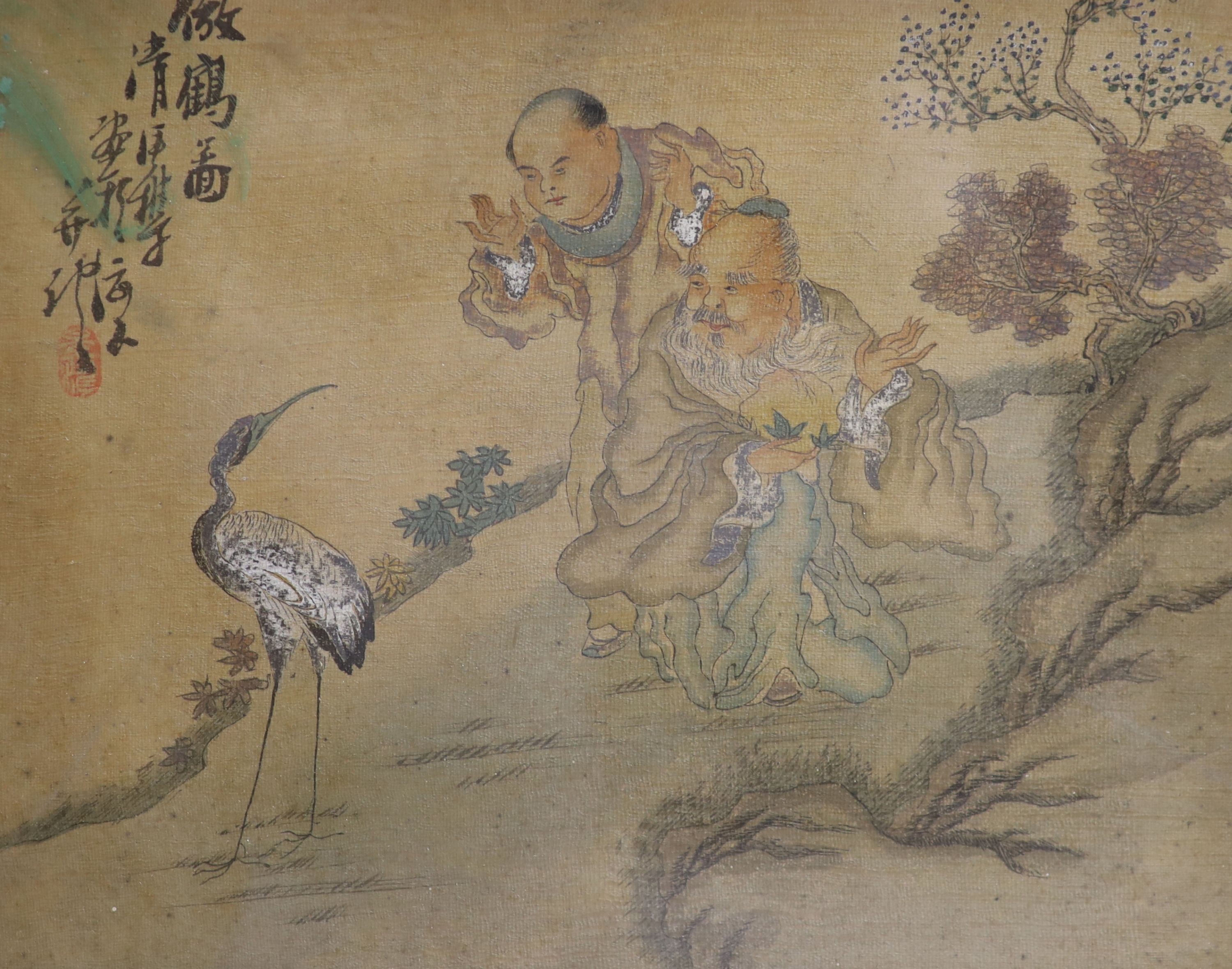 Chinese School, two watercolours on silk, Figures in gardens, 18 x 23cm